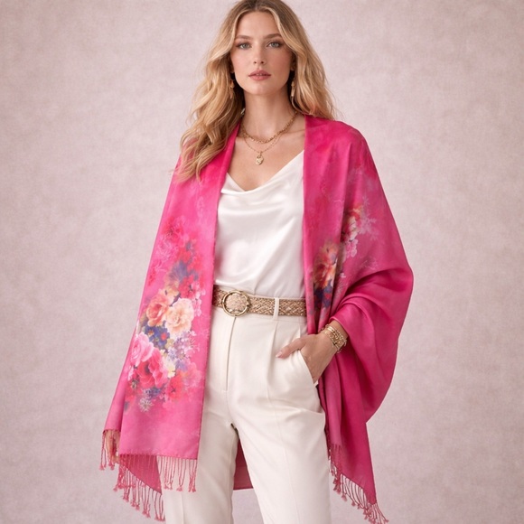 100% Mulberry Silk Double-Layer Floral Shawl Fuchsia Rose - Picture 2 of 6